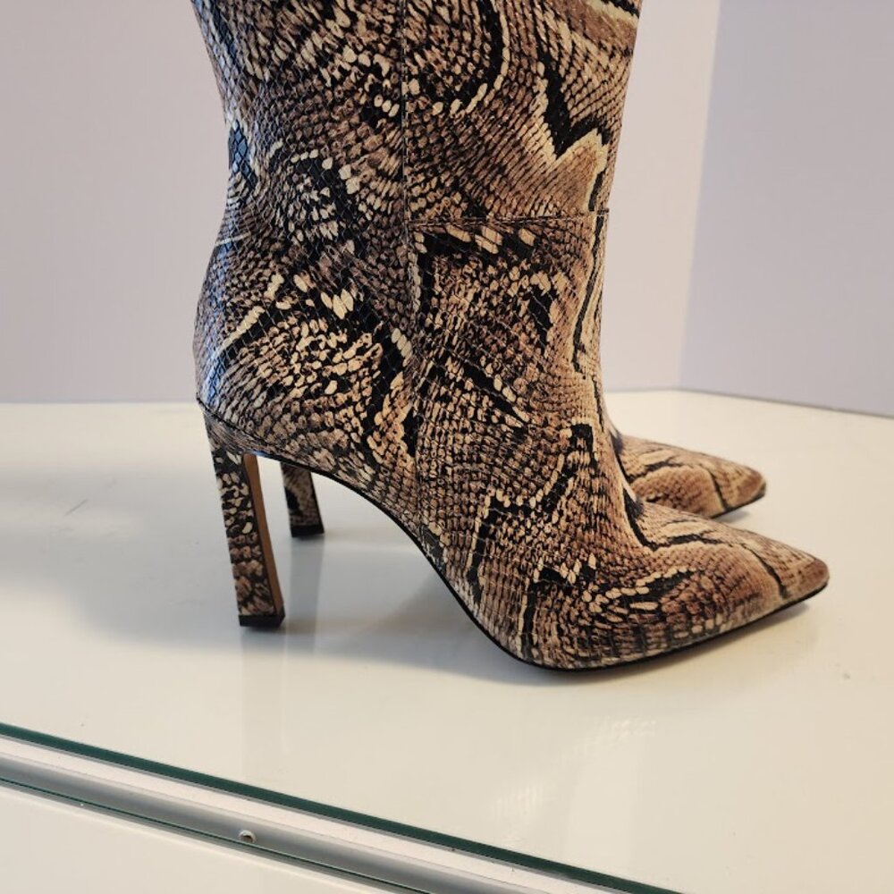 Vince Camuto Tan Snake Print Leather Mid-Calf Heeled Boots - Picture 4 of 11